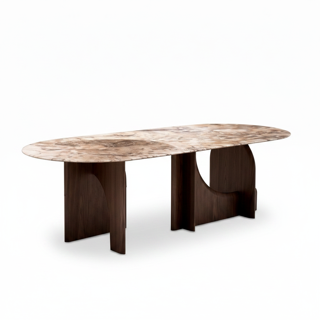 Firenze Marble Dining Table in solid ash wood and marble, 45-degree front-right view on a white background