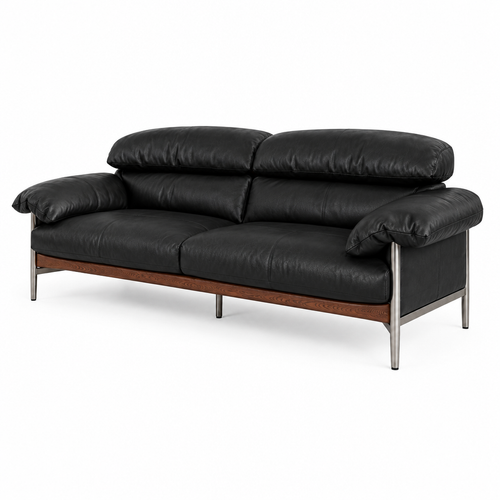 Marqueza Sofa black leather with wood base, right-front 45-degree view