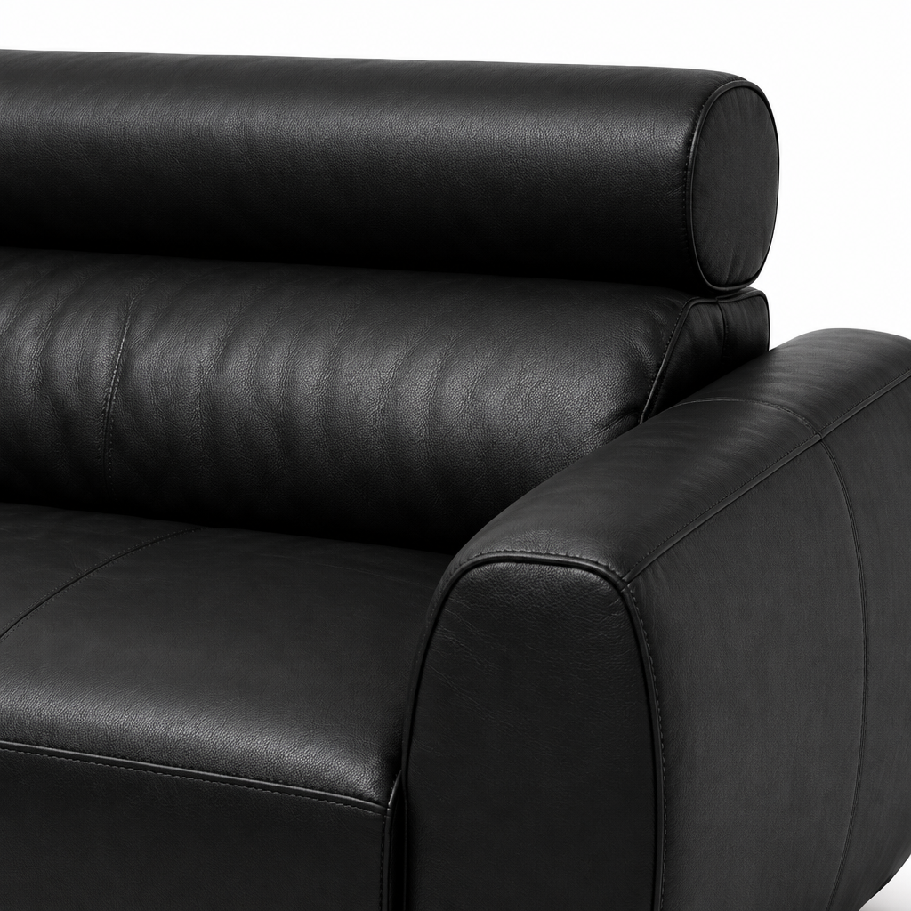 Arquemont Sofa black leather cylindrical back cushion and arm seam close-up