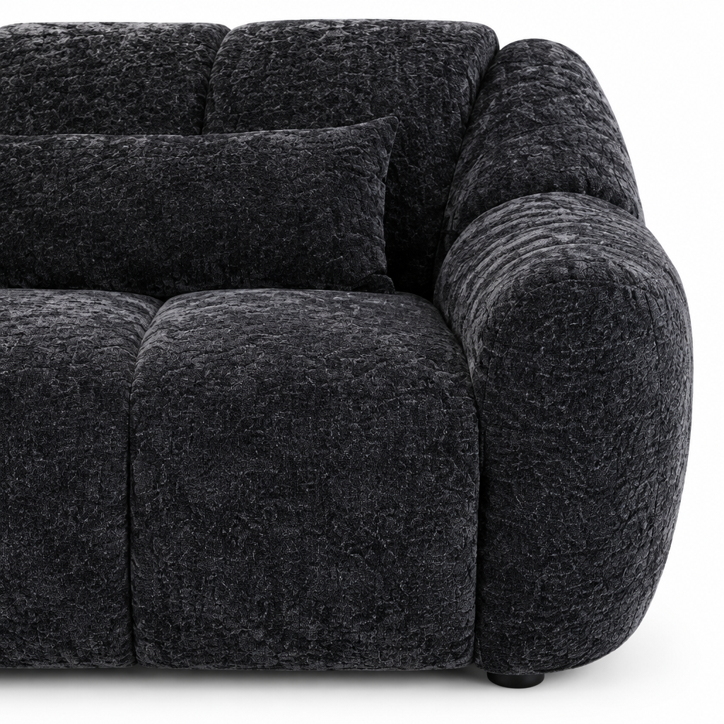 Dovaire Sofa charcoal fabric seat seam and rounded arm texture detail