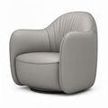 Yveron leather accent chair in light gray beige with fluted back and black swivel base, mirrored view
