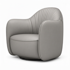Yveron leather accent chair in light gray beige with fluted back and black swivel base, mirrored view