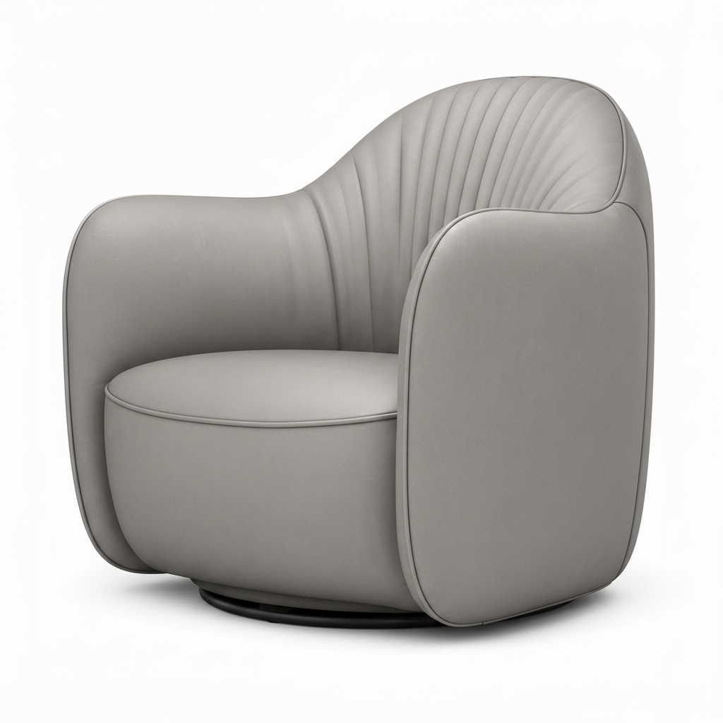Yveron leather accent chair in light gray beige with fluted back and black swivel base, mirrored view