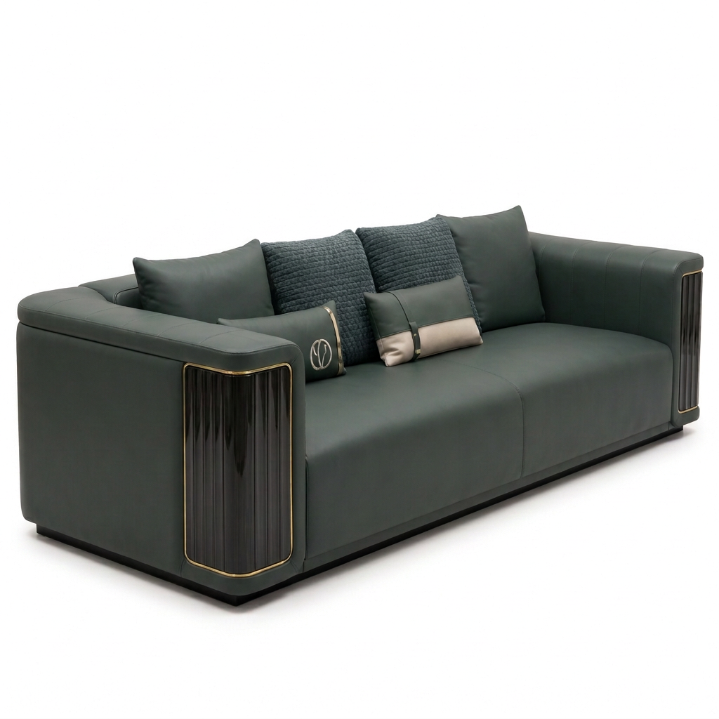 Rovessa Sofa in dark green leather with fluted arm panels and gold trim, left-front 45-degree view