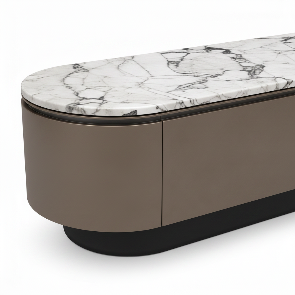 Norelle TV Stand on a white background, close-up detail of marble top and rounded cabinet