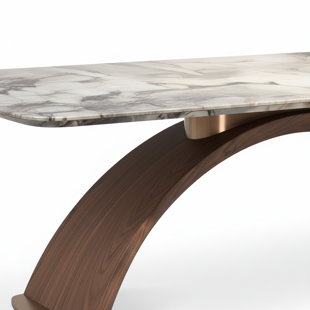 Close-up of Corvella Marble Dining Table marble edge and ash wood support connection on white background