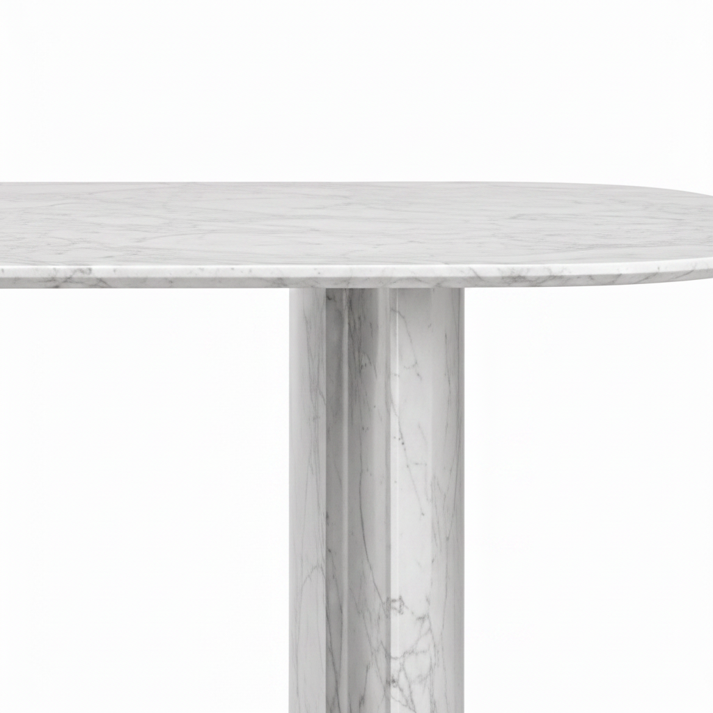 Close-up of Bellrose Dining Table marble tabletop and support connection on white background