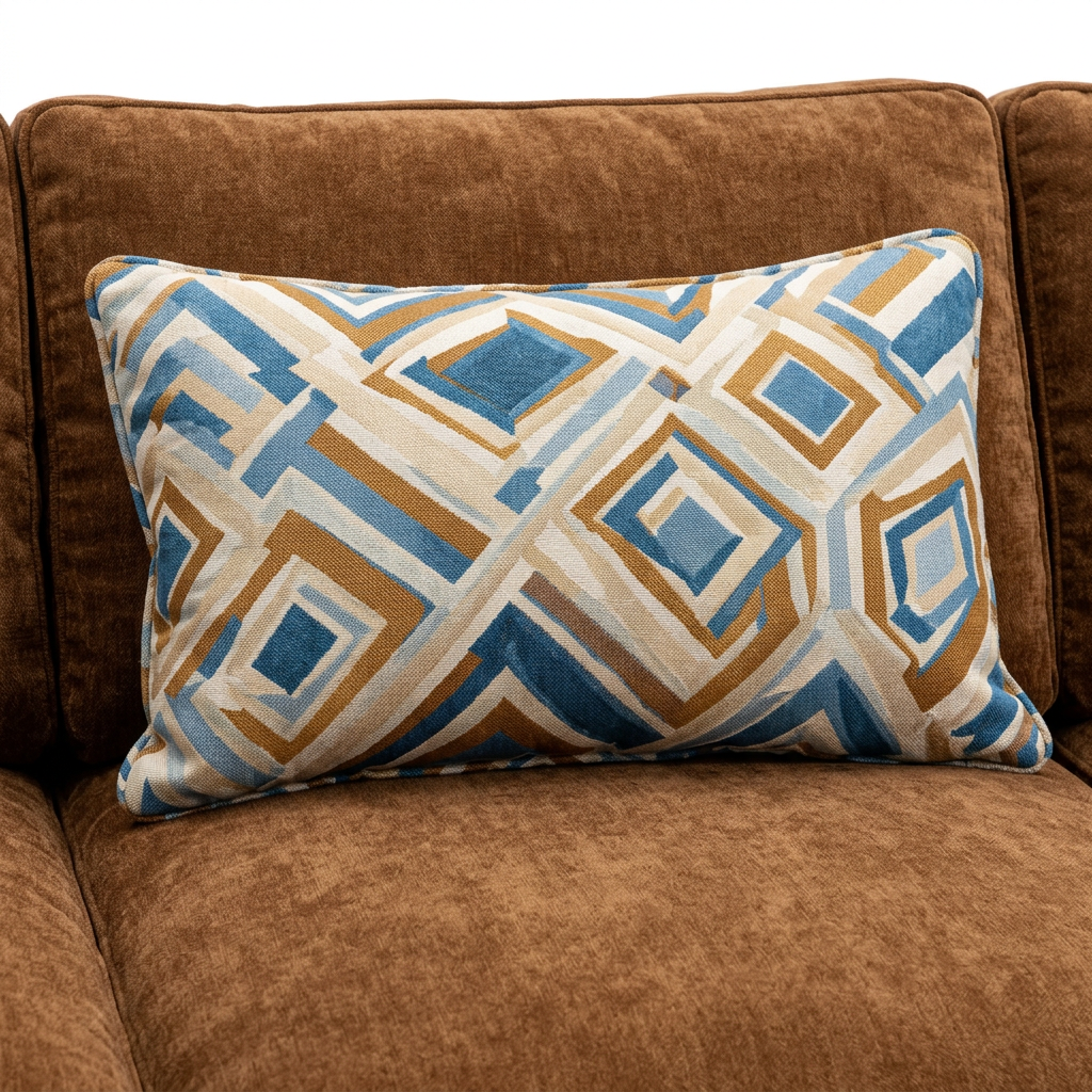 Corvello Walnut Sofa blue cream and tan geometric accent pillow detail