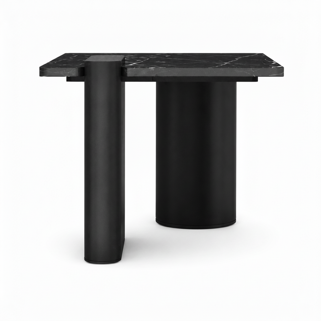 Close-up of the two different cylindrical supports on the Nyselle Marble End Table