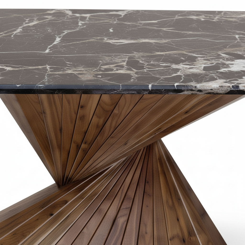 Rivelle Dining Table tabletop edge detail in solid ash wood and natural marble on a white background
