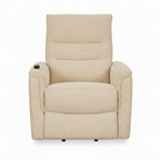 Light beige fabric Vaudelle accent chair with padded arms, segmented backrest, seat cushion, recliner control, and low feet, straight front view.