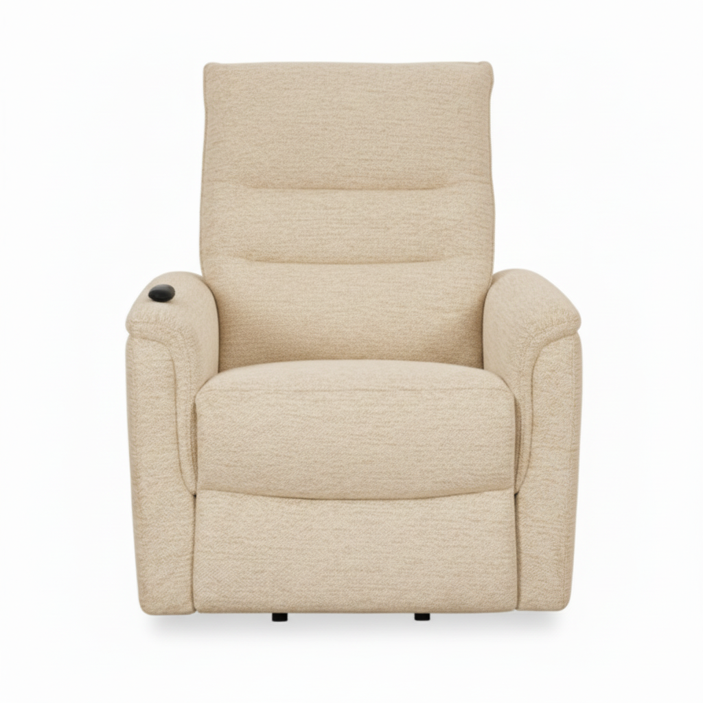 Light beige fabric Vaudelle accent chair with padded arms, segmented backrest, seat cushion, recliner control, and low feet, straight front view.