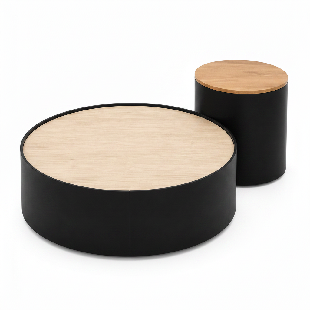 Ceralis Coffee Table set in black with light wood tops, high-angle view of both tables
