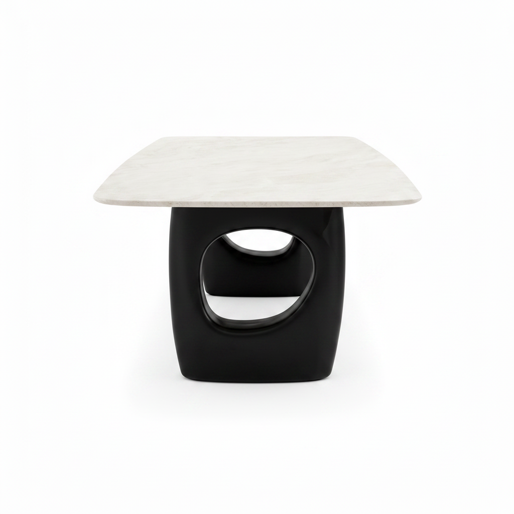 Briselle stone dining table true 90-degree short-end view