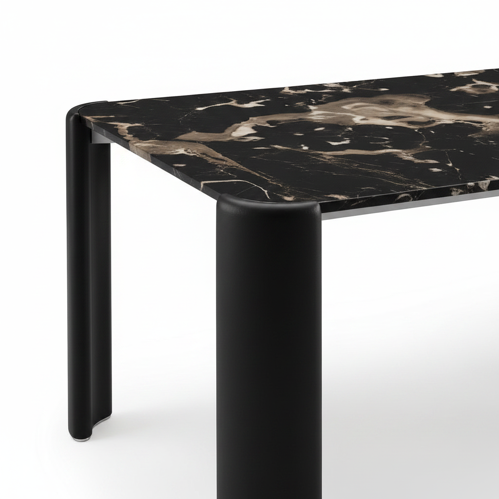 Close-up of Urbelle Dining Table black leg and tabletop connection