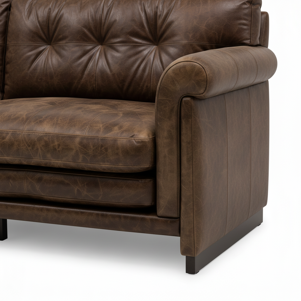 Wistere Sofa brown upholstered right rolled armrest side panel and foot detail