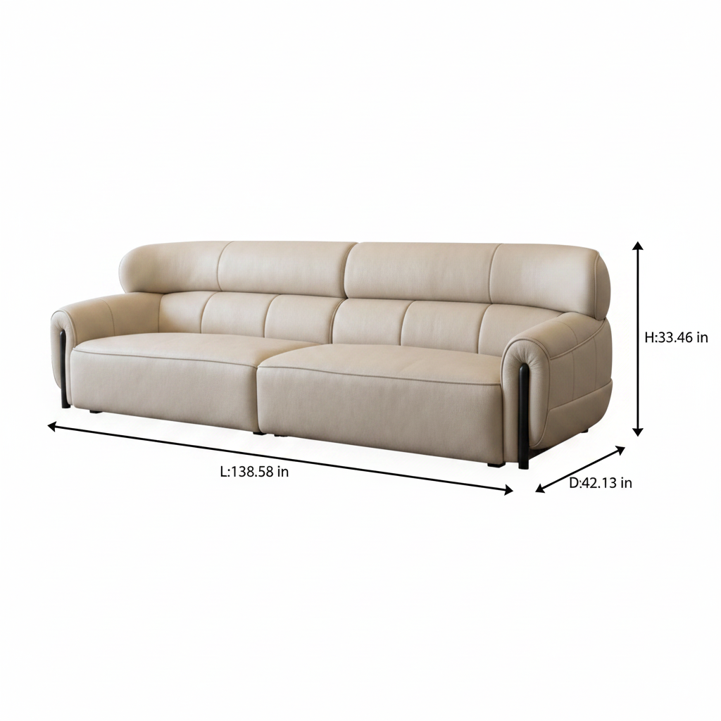 Dimension diagram of the Mavero Eliot Leather Sofa, L 138.58 in, D 42.13 in, H 33.46 in