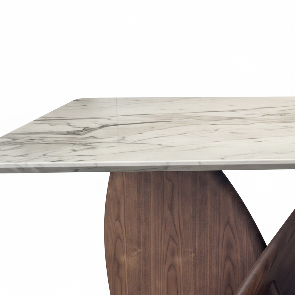 Close-up of Avellino Marble Dining Table natural marble surface, veining, and rounded tabletop edge