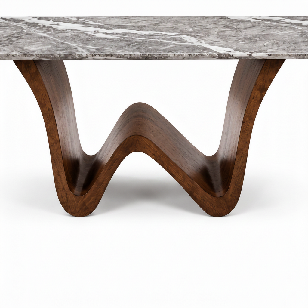 Close-up of the solid ash wood support on Auremont Marble Dining Table