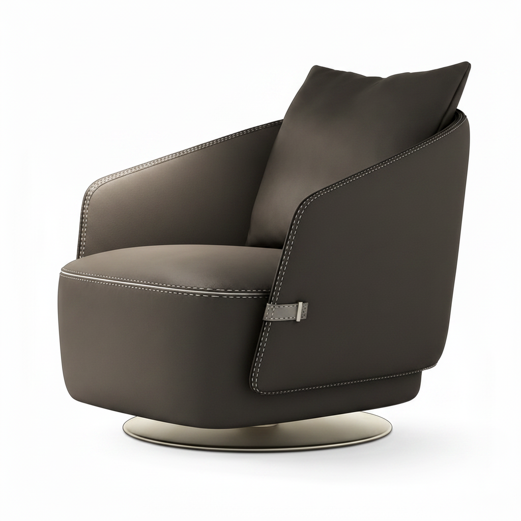 Zorenne accent chair in deep gray-brown leather with right-side panel and left-facing opening, mirrored three-quarter view
