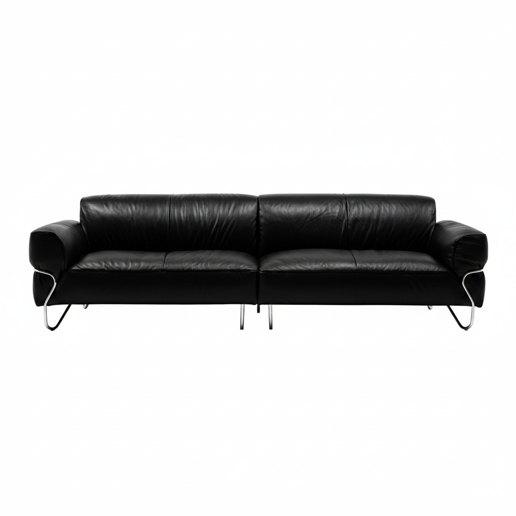Quarielle Sofa in black leather with three back cushions and metal legs, straight front view.