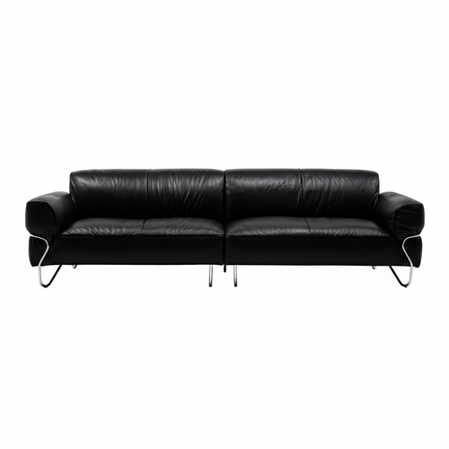 Quarielle Sofa in black leather with three back cushions and metal legs, straight front view.