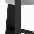 Westmere Noir Bar Stool solid ash wood grain, seat edge, leg joinery, and footrest detail on a white background
