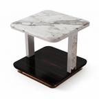 Cevrano End Table marble top, carved support, black shelf, and metal base, bird's-eye view