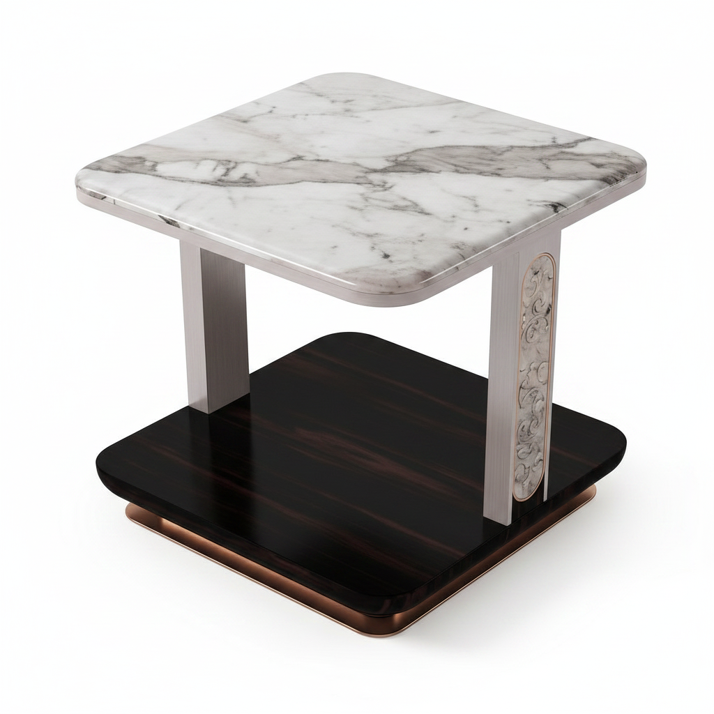 Cevrano End Table marble top, carved support, black shelf, and metal base, bird's-eye view