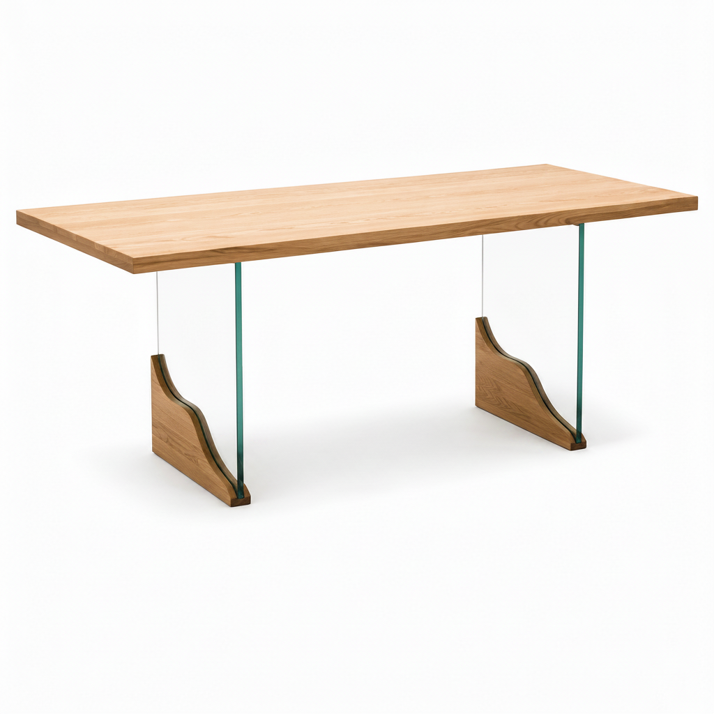 Odrisse Dining Table in elm wood and glass, front-right 45-degree view on white background