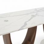 Close-up of the natural marble surface and edge of Duvall Marble Dining Table