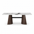 Nocturne Marble Dining Table front view, white marble top with dark wood pedestal base