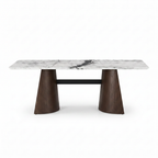 Nocturne Marble Dining Table front view, white marble top with dark wood pedestal base
