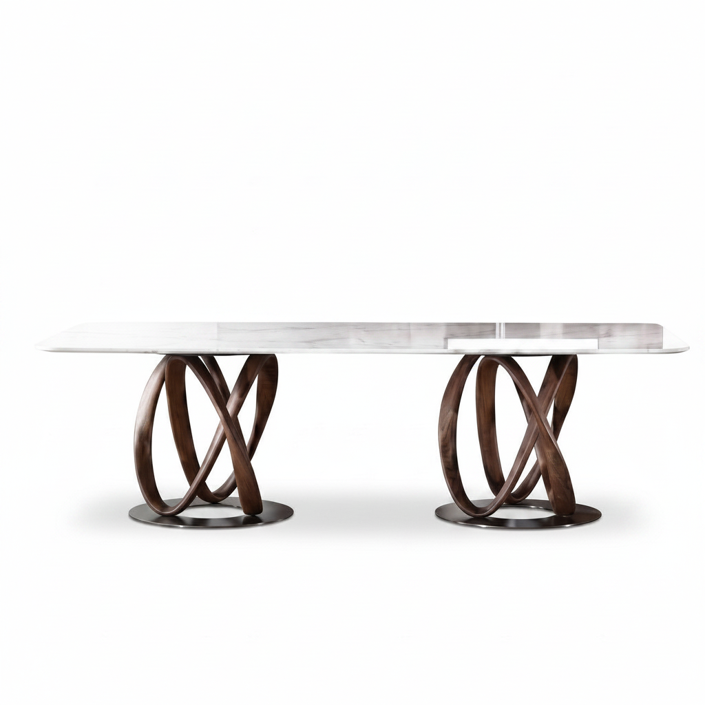 Marcelline Dining Table straight-on front view with white natural marble top, intertwined wood bases, and oval metal plates
