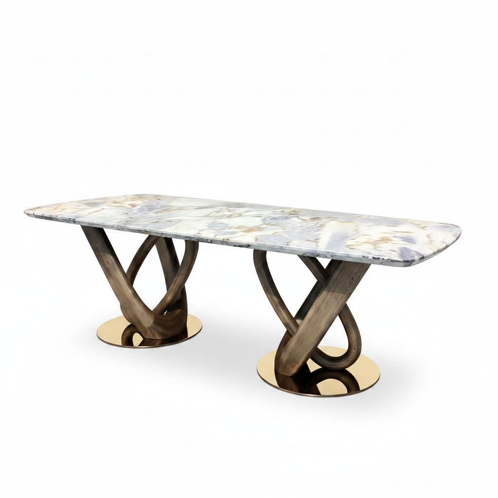 Remington Marble Dining Table in marble and solid ash wood, 45-degree front-right view on a white background