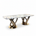 Remington Marble Dining Table in marble and solid ash wood, 45-degree front-right view on a white background