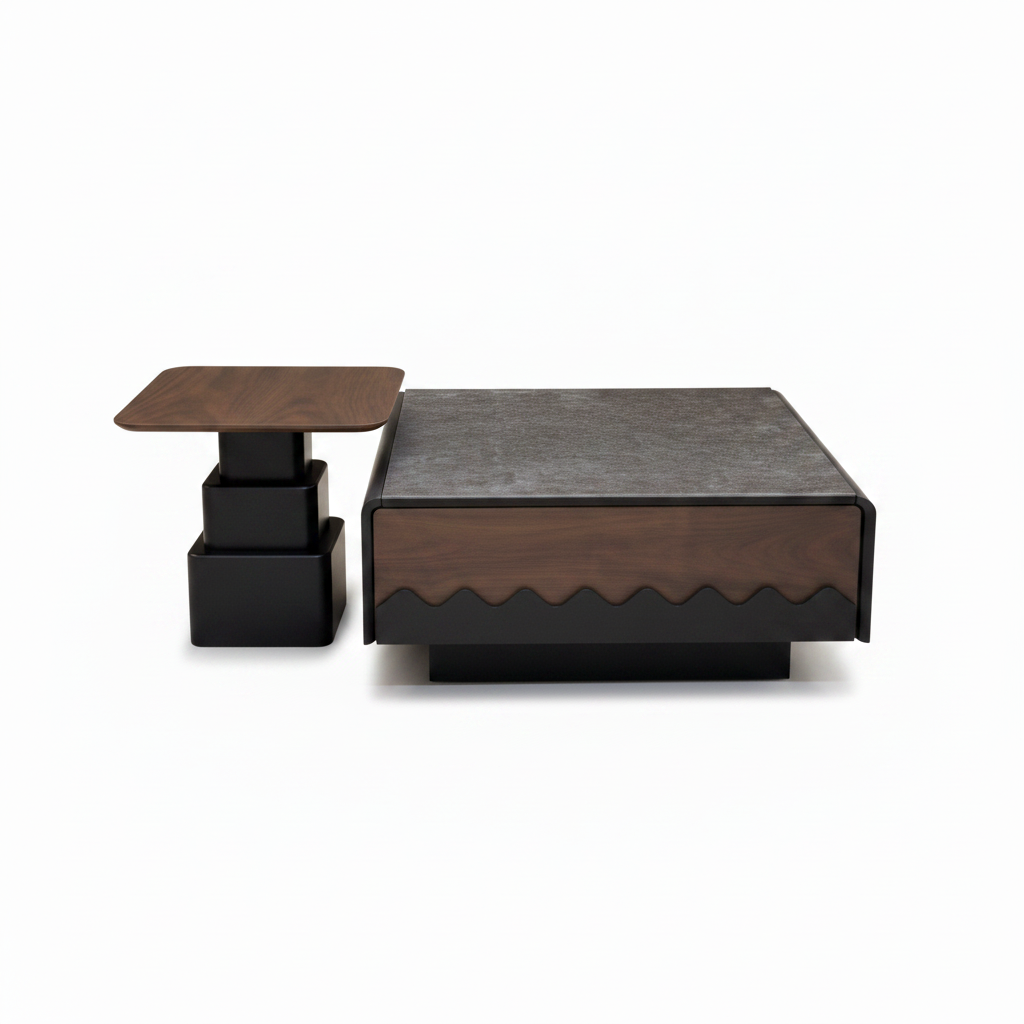 Esmaric Coffee Table straight front view with dark wood finish and stepped side table on white background