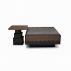 Esmaric Coffee Table straight front view with dark wood finish and stepped side table on white background