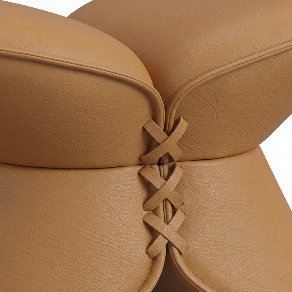 Mavero vanity stool caramel brown leather grain, piping and interlaced center lacing close-up