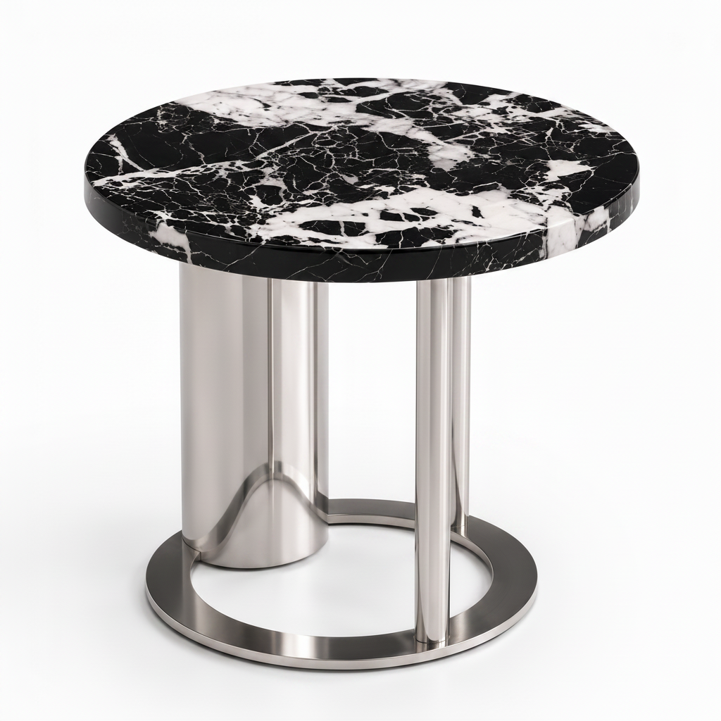 Front view of the Mirenne End Table with black veined stone top