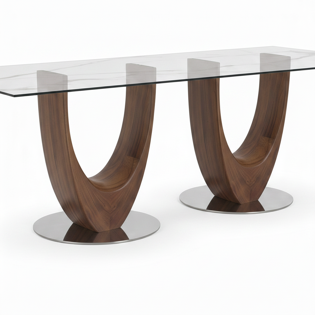 Close-up of the matching curved ash wood supports on Duvall Marble Dining Table