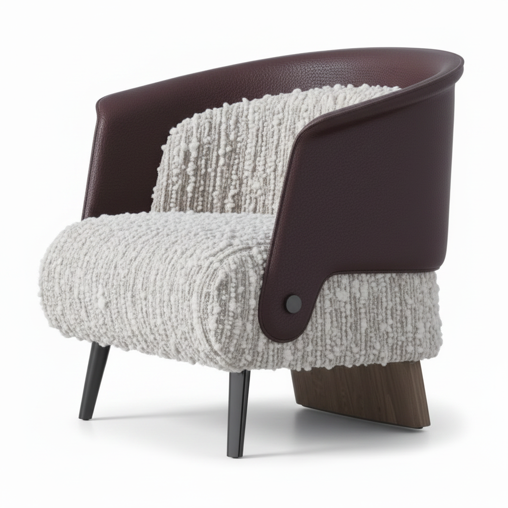 Mavero accent chair in plum brown leather and white boucle, mirrored three-quarter view on white background
