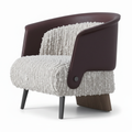 Mavero accent chair in plum brown leather and white boucle, mirrored three-quarter view on white background