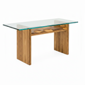 Rensaro Dining Table with glass top and wood base, front-right 45-degree view