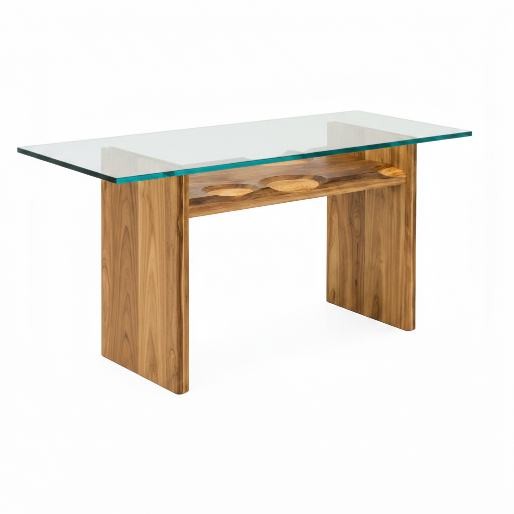 Rensaro Dining Table with glass top and wood base, front-right 45-degree view