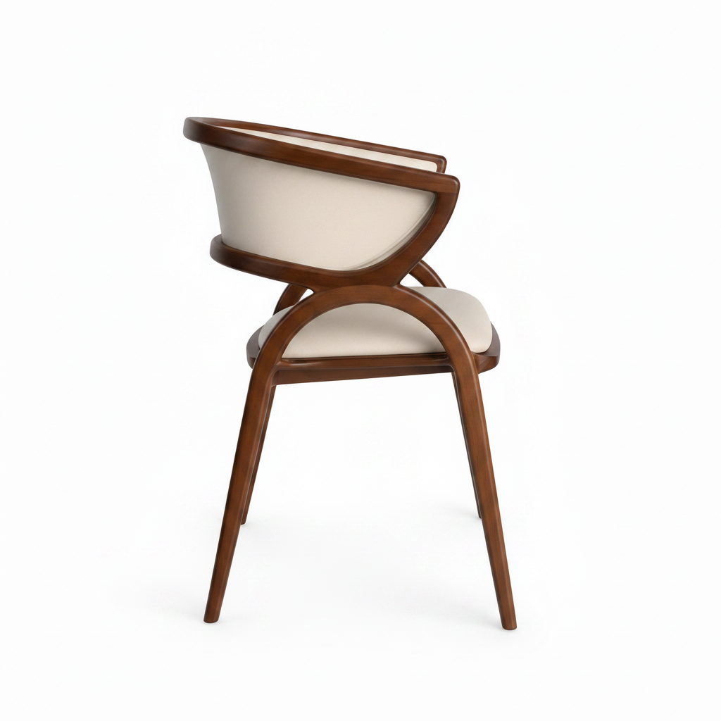 Amarante Dining Chair in cream upholstery and dark wood, 90-degree side view on white background