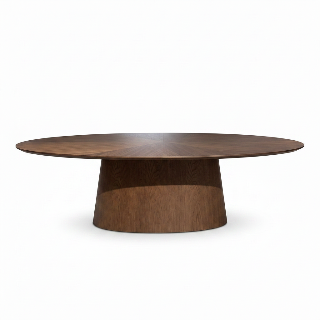 Valora Wood Dining Table in dark brown solid ash wood, straight-on front view on a white background