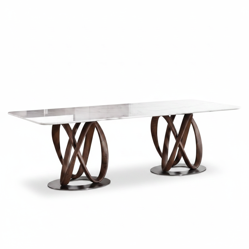 Marcelline Dining Table 45-degree right-facing view with white natural marble top and intertwined dark wood bases on a white background