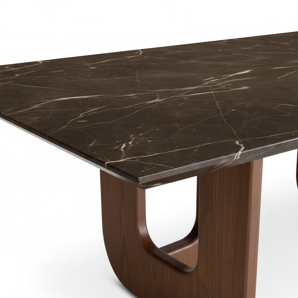 Delacroix Marble Dining Table dark marble tabletop detail with light veining
