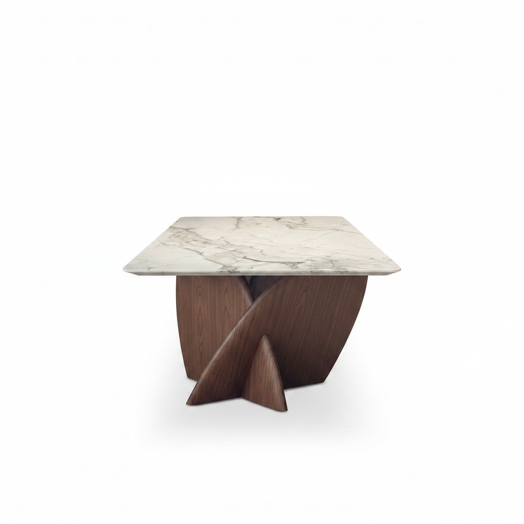 Avellino Marble Dining Table with natural marble top and crossed wood supports, true 90-degree end-side view on a white background